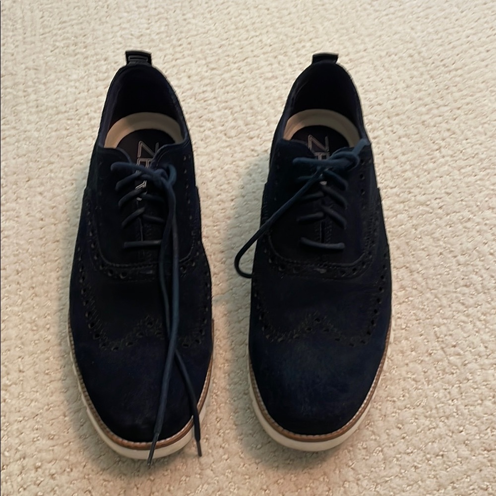 Blue Oxford Cole Haan Zero Grand shoe with suede material and light-colored sole